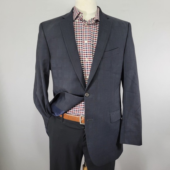 David Donahue Men's Sport Coat‎ Blazer Two Button Chacoal Navy Plaid Wool 42L